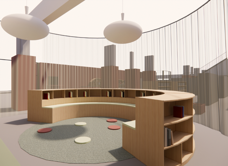 Inrichting bibliotheek ontwerp leeshoek